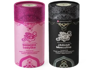 Pink and black herbal product packaging for Zahra al Hayat cosmetic brand, designed for feminine and masculine health products.